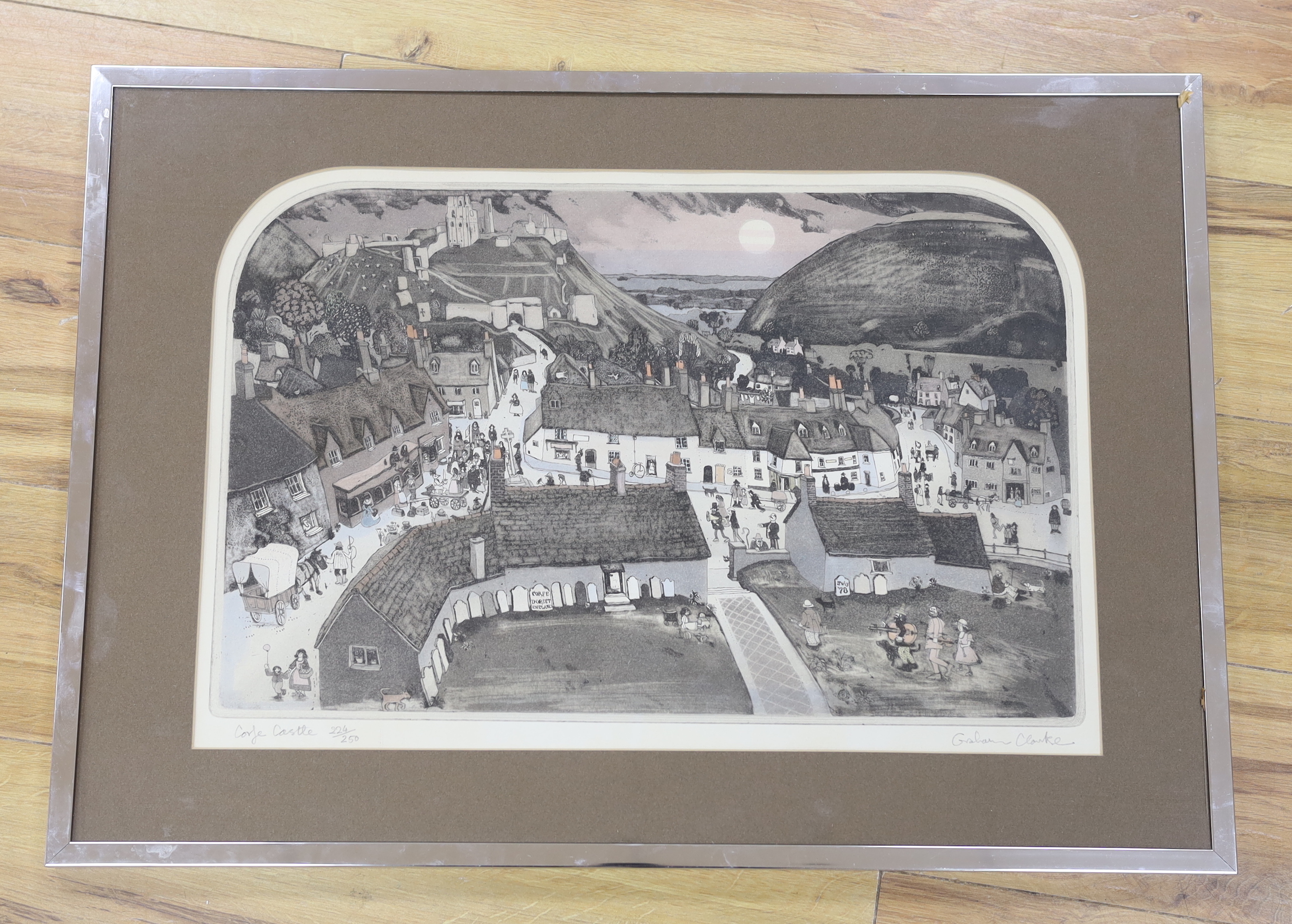 Graham Clarke (b.1941), colour etching, 'Corfe Castle', signed in pencil, limited edition 224/250, 37 x 55cm